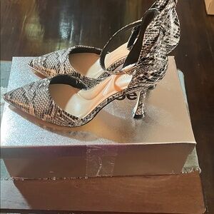 Women’s Snake-Print Pointed Toe Ankle-Strap Heels - Black/Gray.  Size:  8M